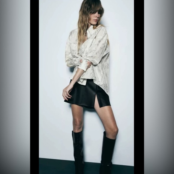 Zara Brushed Silver Metallic Foil White Cotton Button-Up Blouse | S | NWT - Picture 2 of 12